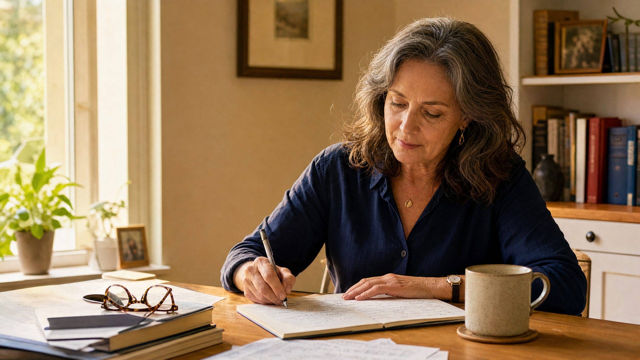 A woman writing notes at a home desk with warm natural light