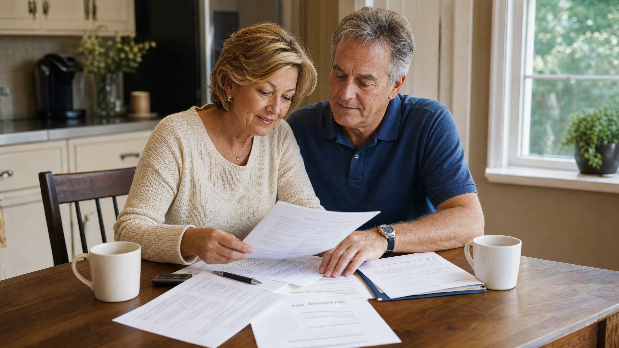 A couple reviewing retirement paperwork together at a kitchen table