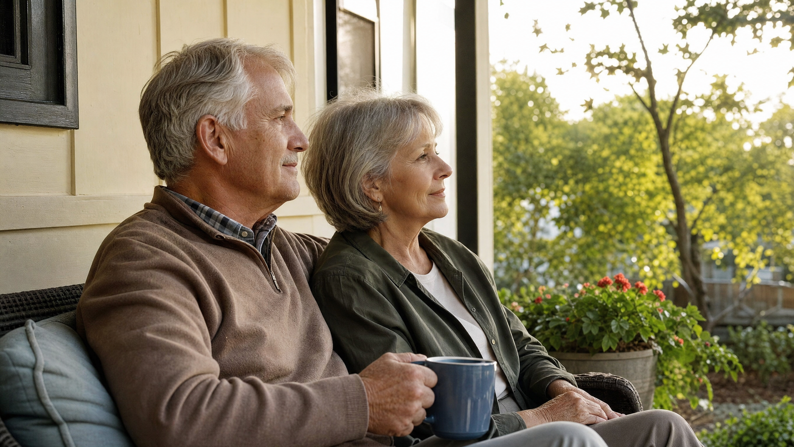 An older couple sitting on their porch, settled and contemplative