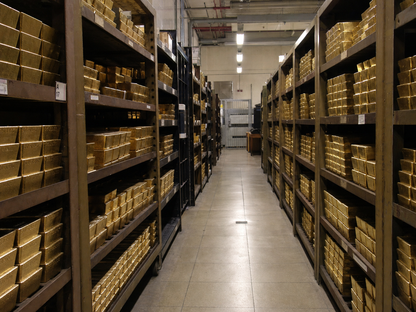 Institutional gold vault interior with stacked gold bars on shelving